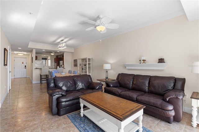 102 Yacht Harbor Dr Unit 475, Palm Coast, FL 32137 - living room featuring a ceiling fan, light tile patterned floors, and crown molding