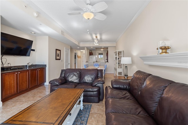 102 Yacht Harbor Dr Unit 475, Palm Coast, FL 32137 - living area with crown molding, ceiling fan, and light tile patterned floors