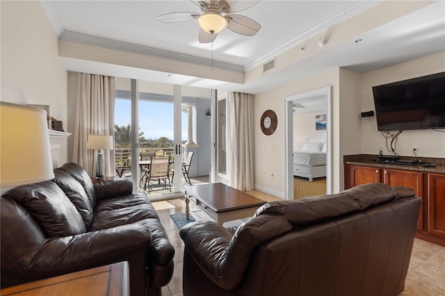 102 Yacht Harbor Dr Unit 475, Palm Coast, FL 32137 - living room with crown molding, a ceiling fan, and light tile patterned floors