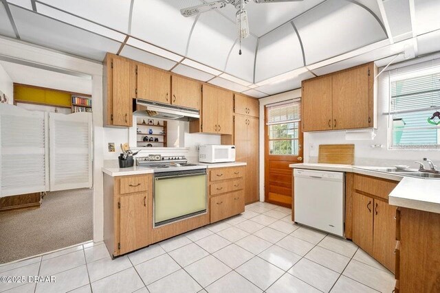 918 N Wild Olive Ave, Daytona Beach, FL 32118 - kitchen featuring white appliances, under cabinet range hood, light countertops, and light tile patterned floors