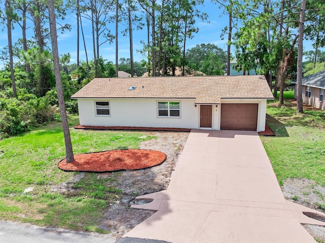 3 Fenwood Ln, Palm Coast, FL 32137 - ranch-style home with a garage, driveway, a front lawn, stucco siding, and roof with shingles