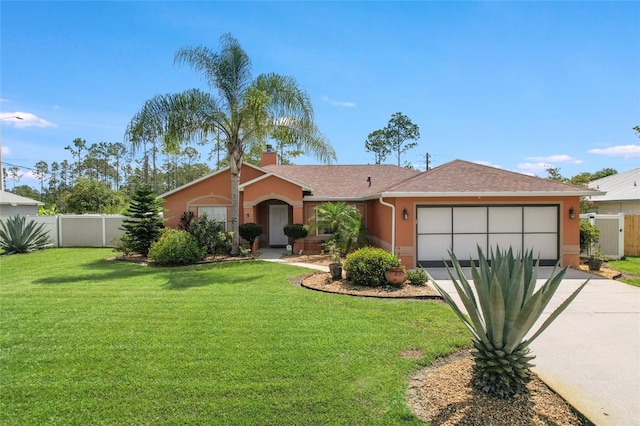 5 Zorlou Ct, Palm Coast, FL 32164 - ranch-style home with an attached garage, driveway, stucco siding, a chimney, and a shingled roof