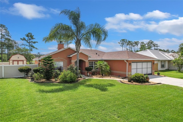 5 Zorlou Ct, Palm Coast, FL 32164 - ranch-style home with stucco siding, driveway, an attached garage, and a chimney