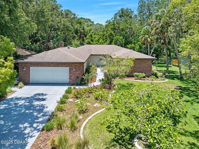 1108 Northside Dr, Ormond Beach, FL 32174 - ranch-style house with an attached garage, driveway, brick siding, and a chimney