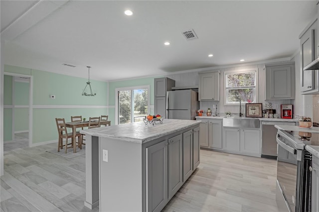 606 Ofarrell Ave, Interlachen, FL 32148 - kitchen featuring freestanding refrigerator, gray cabinetry, range with electric stovetop, dishwasher, and recessed lighting
