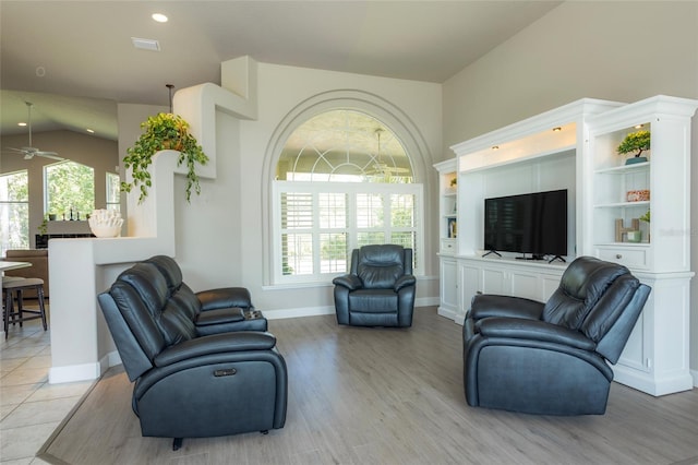 7 Lewis Shire Way, Palm Coast, FL 32137 - living area with a ceiling fan, plenty of natural light, light wood-type flooring, recessed lighting, and lofted ceiling
