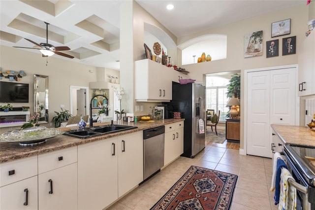 20 Long Pl, Palm Coast, FL 32137 - kitchen with appliances with stainless steel finishes, a towering ceiling, ceiling fan, coffered ceiling, and white cabinets