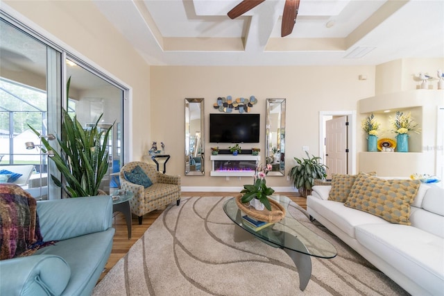 20 Long Pl, Palm Coast, FL 32137 - living area featuring wood finished floors, ceiling fan, and coffered ceiling