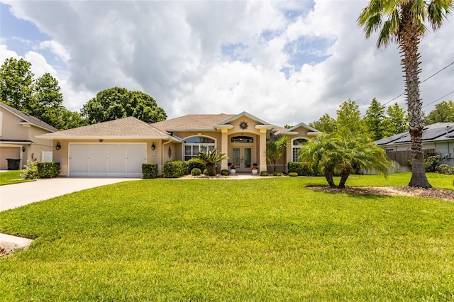 20 Long Pl, Palm Coast, FL 32137 - mediterranean / spanish house featuring french doors, stucco siding, driveway, a garage, and a front yard