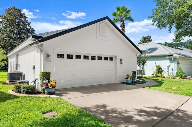 143 W Waterside Pkwy, Palm Coast, FL 32137 - view of property exterior with stucco siding, concrete driveway, an attached garage, and a lawn