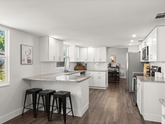 506 Dorset Cir S, Daytona, FL 32119 - kitchen featuring appliances with stainless steel finishes, backsplash, a peninsula, healthy amount of natural light, and a textured ceiling