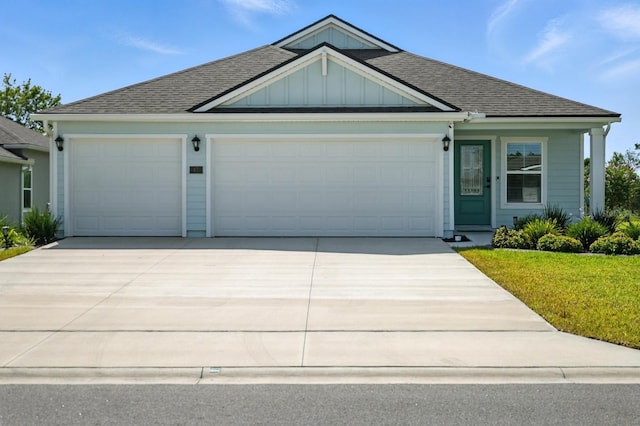 47 Lumberjack Trl, Palm Coast, FL 32137 - ranch-style house featuring an attached garage, concrete driveway, a shingled roof, and board and batten siding