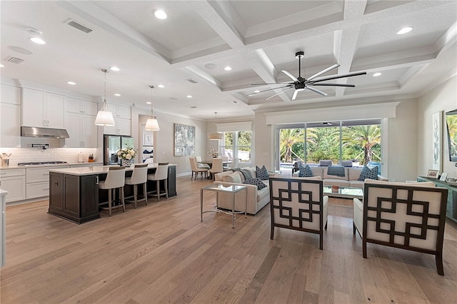 233 Yorkshire Dr, Saint Augustine, FL 32092 - living room featuring light wood-style flooring, beam ceiling, coffered ceiling, recessed lighting, and ornamental molding