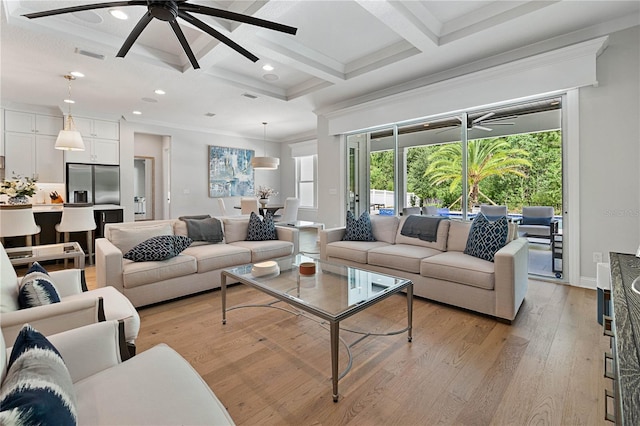 233 Yorkshire Dr, Saint Augustine, FL 32092 - living room with a ceiling fan, coffered ceiling, light wood-style floors, beamed ceiling, and recessed lighting