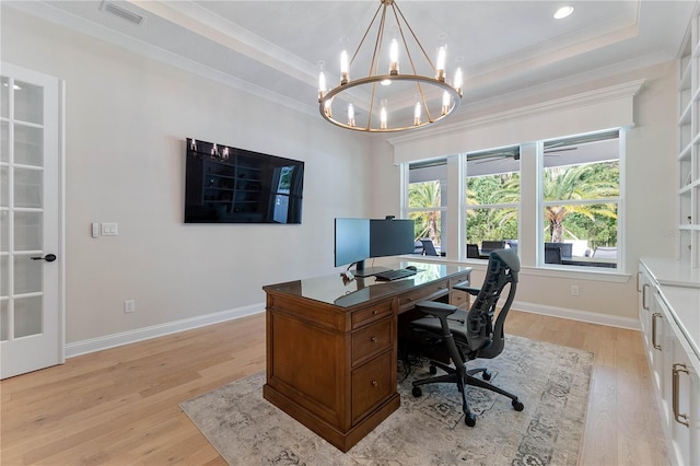 233 Yorkshire Dr, Saint Augustine, FL 32092 - office with a chandelier, light wood-style flooring, a raised ceiling, and ornamental molding