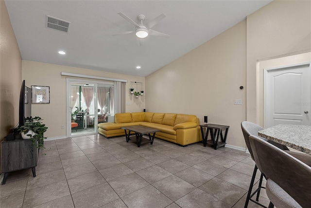 166 Midway Park Dr, Saint Augustine, FL 32084 - living area featuring vaulted ceiling, ceiling fan, light tile patterned floors, and recessed lighting