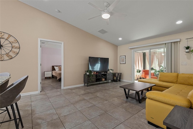 166 Midway Park Dr, Saint Augustine, FL 32084 - living room featuring ceiling fan, light tile patterned floors, recessed lighting, and high vaulted ceiling