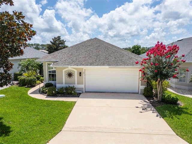 25 Raintree Cir, Palm Coast, FL 32164 - ranch-style home with a shingled roof, an attached garage, driveway, stucco siding, and a front lawn