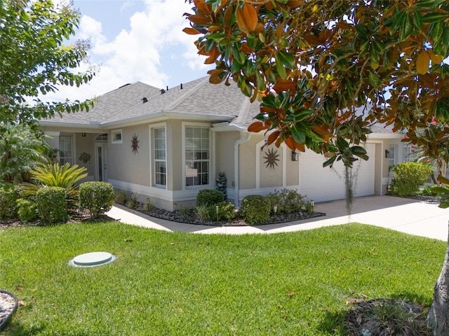 25 Raintree Cir, Palm Coast, FL 32164 - view of side of property featuring concrete driveway, roof with shingles, a lawn, stucco siding, and an attached garage