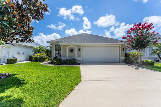 25 Raintree Cir, Palm Coast, FL 32164 - ranch-style house featuring an attached garage, stucco siding, concrete driveway, and a front yard
