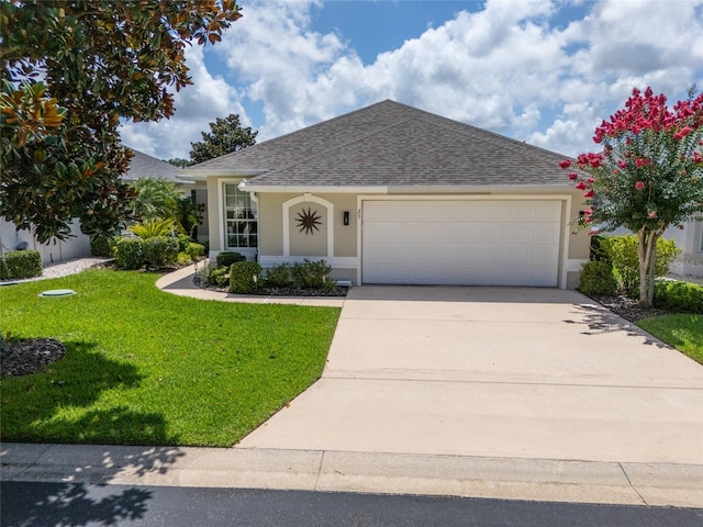 25 Raintree Cir, Palm Coast, FL 32164 - view of front facade with an attached garage, stucco siding, a shingled roof, driveway, and a front lawn