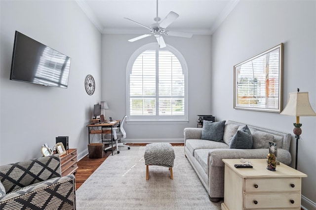 4 Old Oak Dr N, Palm Coast, FL 32137 - living area with wood finished floors, a ceiling fan, a desk, and ornamental molding