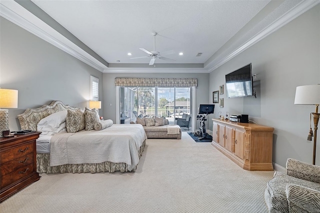 4 Old Oak Dr N, Palm Coast, FL 32137 - carpeted bedroom featuring crown molding, recessed lighting, a ceiling fan, a desk, and a raised ceiling