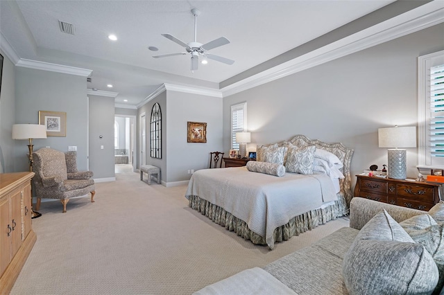 4 Old Oak Dr N, Palm Coast, FL 32137 - bedroom featuring light colored carpet, multiple windows, ornamental molding, recessed lighting, and ceiling fan