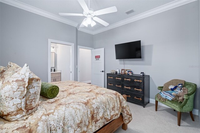 4 Old Oak Dr N, Palm Coast, FL 32137 - carpeted bedroom featuring crown molding, connected bathroom, and ceiling fan