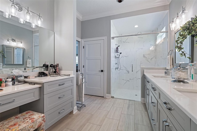 4 Old Oak Dr N, Palm Coast, FL 32137 - full bathroom featuring a marble finish shower, ornamental molding, and double vanity