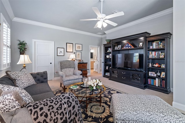 4 Old Oak Dr N, Palm Coast, FL 32137 - carpeted living room featuring ceiling fan and crown molding