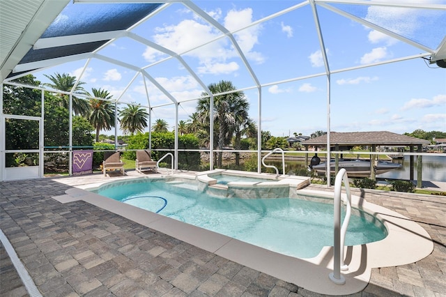 4 Old Oak Dr N, Palm Coast, FL 32137 - view of swimming pool with a pool with connected hot tub, a patio, a water view, and glass enclosure