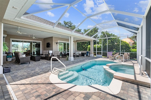 4 Old Oak Dr N, Palm Coast, FL 32137 - view of swimming pool with outdoor lounge area, a ceiling fan, and a pool with connected hot tub