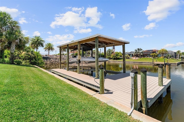 4 Old Oak Dr N, Palm Coast, FL 32137 - dock featuring boat lift, a water view, and a lawn