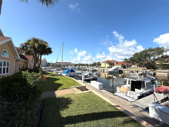 59 Rivers Edge Ln Unit 59, Palm Coast, FL 32137 - view of green lawn featuring a boat dock and a water view
