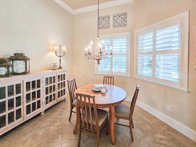 145 Heron Dr, Palm Coast, FL 32137 - tiled dining space featuring crown molding and a chandelier