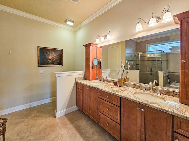145 Heron Dr, Palm Coast, FL 32137 - full bath with a shower stall, double vanity, ornamental molding, and tile patterned floors