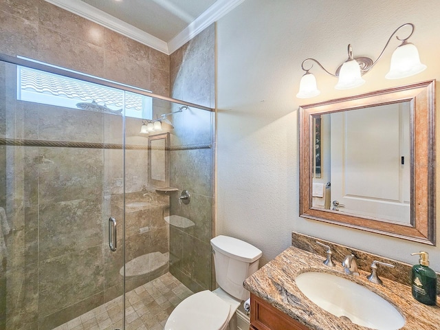 145 Heron Dr, Palm Coast, FL 32137 - bathroom with crown molding, vanity, and a stall shower