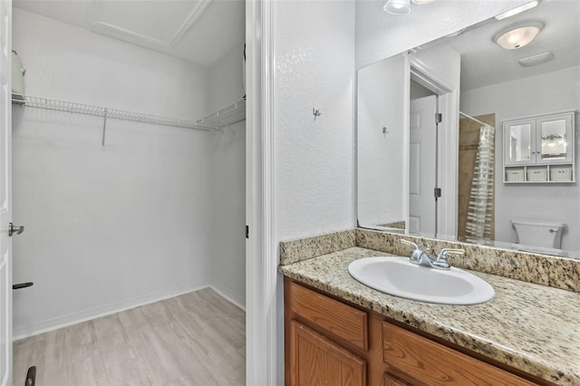 4600 E Moody Blvd Unit 14O, Bunnell, FL 32110 - full bath featuring vanity, a walk in closet, wood finished floors, and a shower with shower curtain