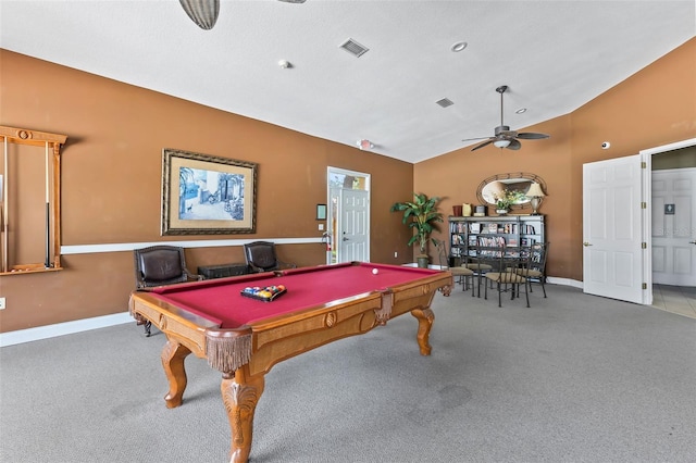 4600 E Moody Blvd Unit 14O, Bunnell, FL 32110 - game room featuring lofted ceiling, pool table, carpet, and ceiling fan