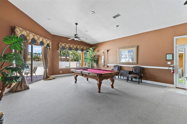 4600 E Moody Blvd Unit 14O, Bunnell, FL 32110 - playroom with lofted ceiling, billiards table, carpet flooring, and ceiling fan