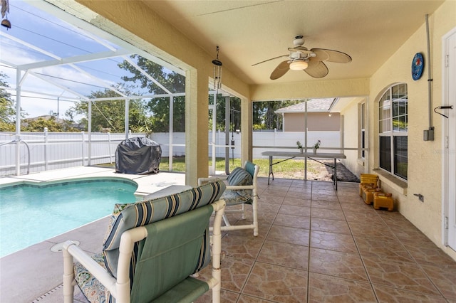 25 Raintree Pl, Palm Coast, FL 32164 - view of pool with a grill, a patio area, a fenced backyard, ceiling fan, and glass enclosure