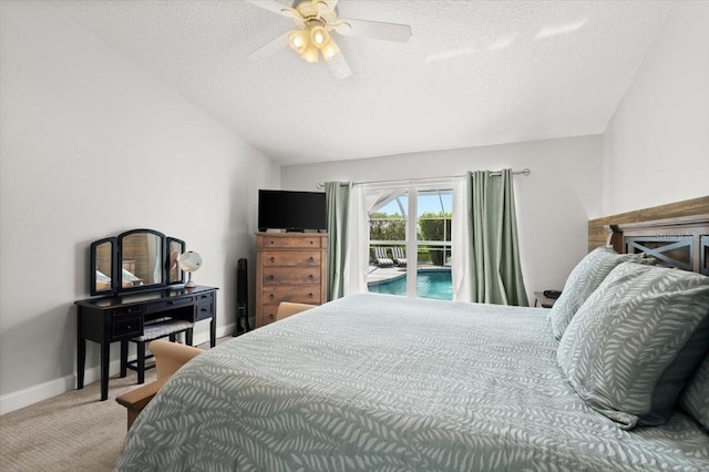 1904 Rouzbeh Ct, Port Orange, FL 32128 - bedroom with carpet floors, vaulted ceiling, a textured ceiling, access to exterior, and ceiling fan