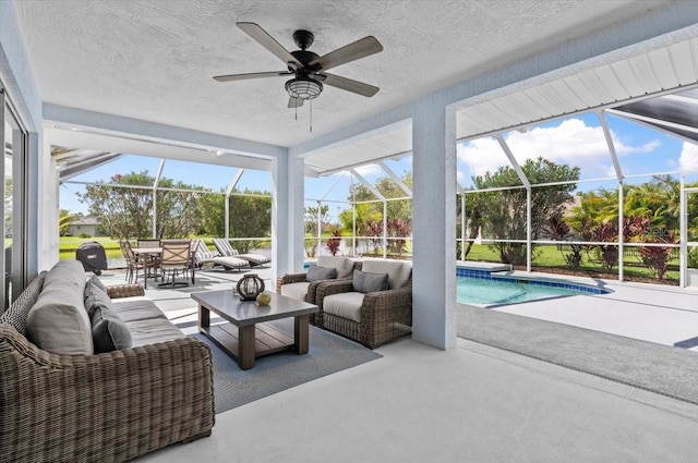 1904 Rouzbeh Ct, Port Orange, FL 32128 - sunroom with ceiling fan, an outdoor living space, a swimming pool, and outdoor dining area