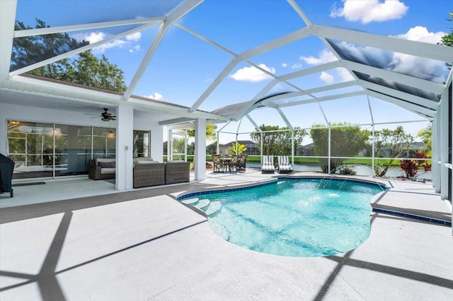 1904 Rouzbeh Ct, Port Orange, FL 32128 - swimming pool with a patio area, outdoor lounge area, a ceiling fan, and glass enclosure