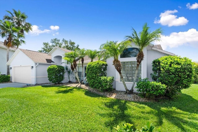 1904 Rouzbeh Ct, Port Orange, FL 32128 - view of front of house featuring stucco siding, a front lawn, an attached garage, and concrete driveway