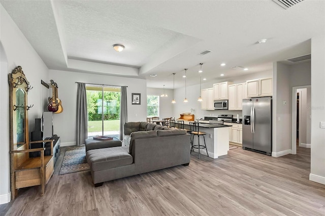 9 Elder Pl, Palm Coast, FL 32164 - living room with light wood-type flooring, a raised ceiling, a textured ceiling, and recessed lighting