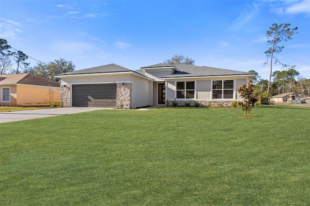1 Barbera Ln, Palm Coast, FL 32137 - prairie-style house with a garage, concrete driveway, stone siding, a front yard, and stucco siding