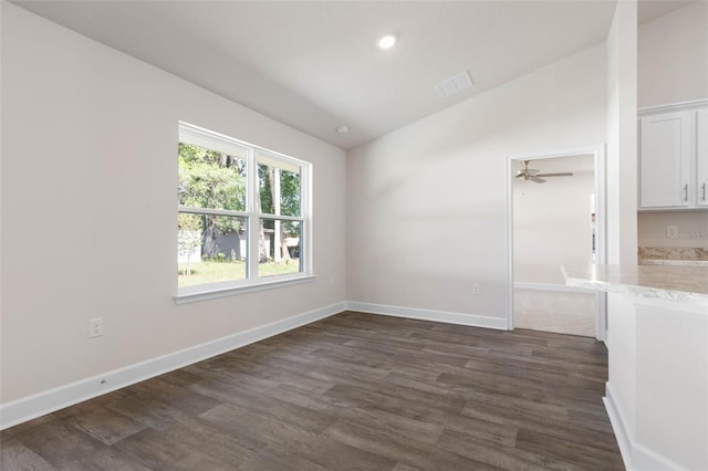 16 Service Tree Pl, Palm Coast, FL 32164 - unfurnished dining area with lofted ceiling, dark wood finished floors, a ceiling fan, and recessed lighting
