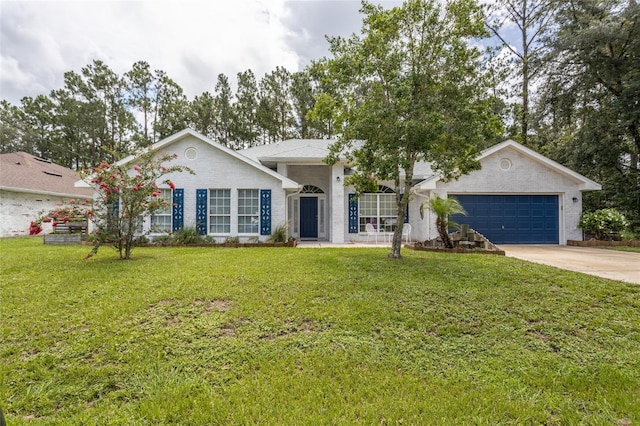 32 Karas Trl, Palm Coast, FL 32164 - ranch-style house with concrete driveway, an attached garage, a front yard, and brick siding